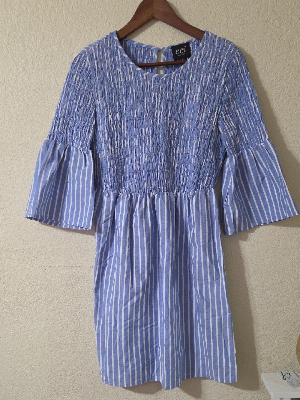 ECI Light Blue & White Striped Smocked Midi Dress